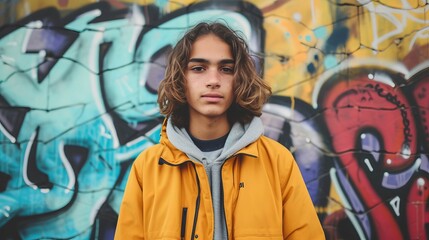 teenager man long curly hair in a yellow jacket standing in front of a graffiti wall