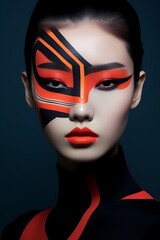A close-up portrait of a Korean model with a bold and avant-garde makeup look, expressing creativity and individuality.