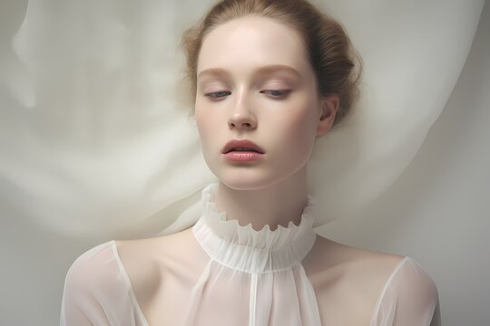 Studio allure encapsulated in a photograph showcasing a model's enchanting face and elegant simplicity in clothing.