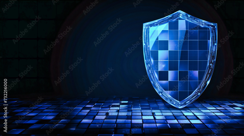 Poster cyber security and data protection, digital shield concept, network safety and encryption, blue abst