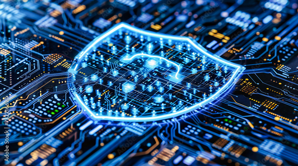 Poster digital protection strategy, cybersecurity concept with lock and firewall, secure network system on 