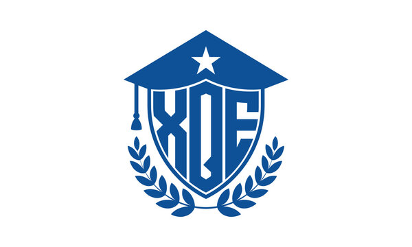 XQE three letter iconic academic logo design vector template. monogram, abstract, school, college, university, graduation cap symbol logo, shield, model, institute, educational, coaching canter, tech