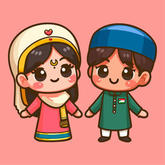 Cute cartoon Muslim girl and boy in traditional clothes. Vector illustration. Ramadan Kareem, Valentine's Day. couple, muslim and family concept.