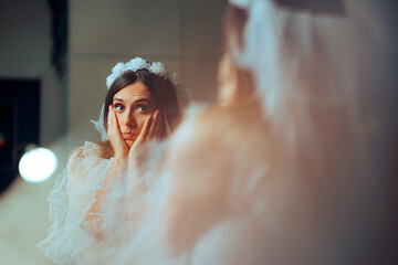 Stressed Bride Feeling Disappointed Afraid of Commitment. Unsure doubtful woman feeling like calling off and canceling her own wedding
 - obrazy, fototapety, plakaty