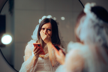 Unhappy Crying Bride Reading Text Messages Feeling Betrayed. Stressed newlywed wife finding out her...