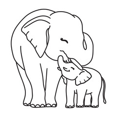 Line art of mother elephant snuggling her baby cartoon vector
