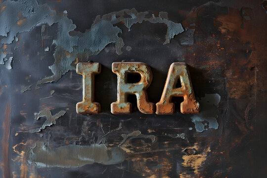 Word IRA for Individual retirement account on shabby background. Neural network generated image. Not based on any actual person or scene.