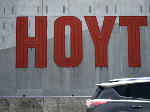 Hoyts cinema outdoor signage. Auckland, New Zealand - February 8, 2024