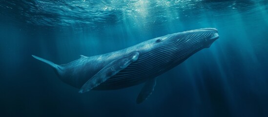 A humpback whale gracefully swims in the azure water, its majestic fin contrasting with the electric blue of the underwater world.