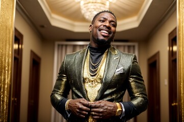 African Black man showing off his wealth with bling and gold, like a successful rapper or a Nigerian prince