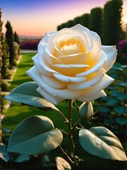 yellow rose in the garden. yellow rose flower on background of green grass. flowers. Amazing white rose. Soft selective focus.