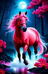illustration of a horse in a field.A beautiful unicorn with a pink mane.horse in the snow