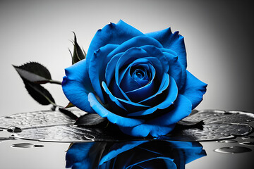 Black and white photo, contrast enhancing the texture of a single rose's petals, blue petals standing out vividly against monochrome backdrop. Generative AI