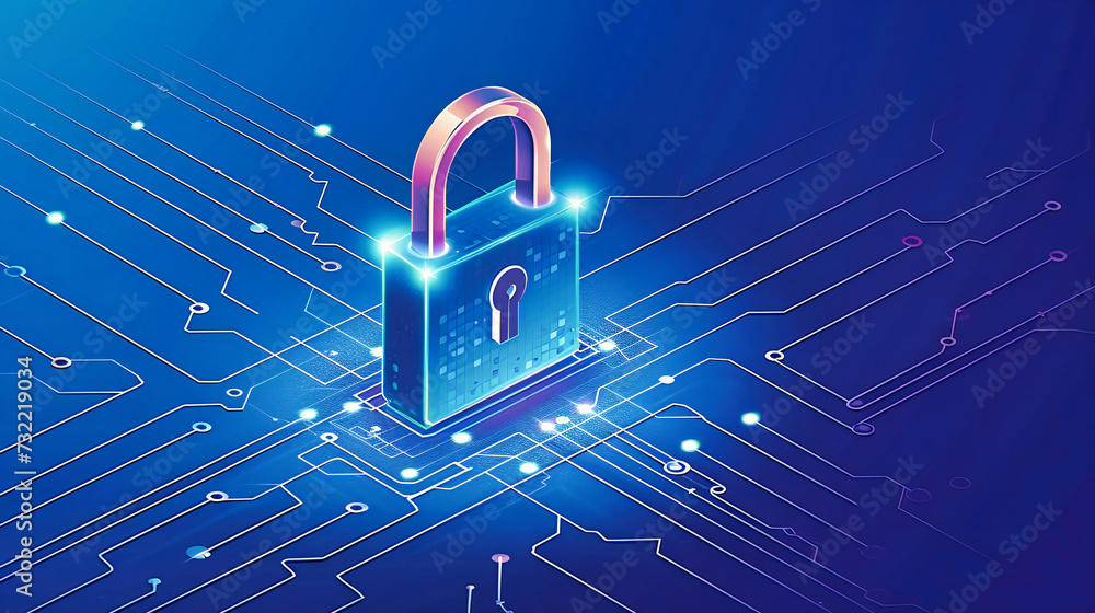 Poster cybersecurity defense mechanism, protecting digital data, abstract technology background with blue p