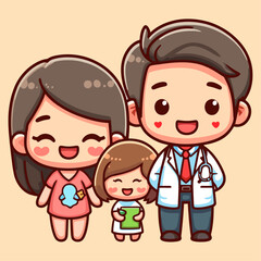 Family Doctor and Nurse with Little Girl. Vector Character Illustration. Valentine Day. couple, valentine, medical and family concept.