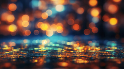 a bokeh effect in the background. The colors of the bokeh range from blue to orange, creating a vibrant and dynamic effect. The table appears brown and has a slight reflection of the bokeh lights.