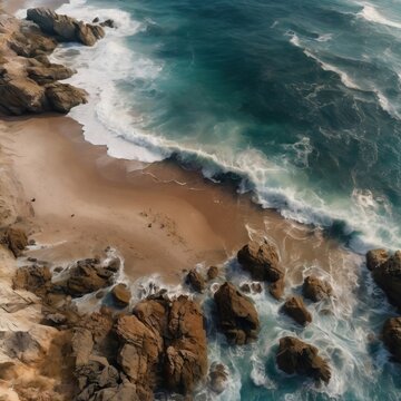 views of the sea, sand and rocks, taking photos from above. background for poster, banner, web, social media. ai generative design