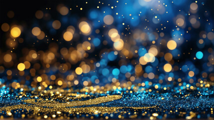 blue and black, with gold sparkles and bokeh effects scattered throughout. - obrazy, fototapety, plakaty