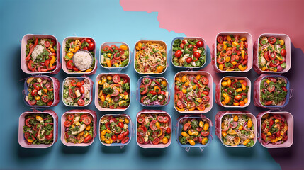 displays 20 square dishes filled with different types of food, including tomatoes, on a pink and blue background.