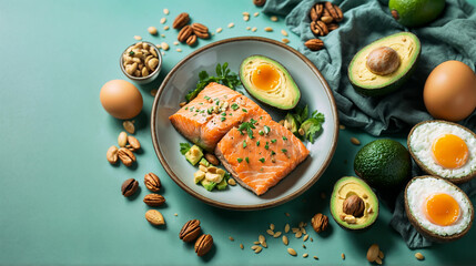 A plate with salmon, avocado, nuts, and eggs on a green background. - obrazy, fototapety, plakaty