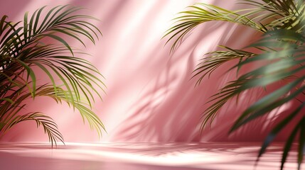 Fototapeta na wymiar Blurred shadow from palm leaves on the light pink wall. Minimal abstract background for product presentation