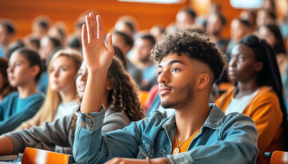 Diverse group of smart students sitting in class at a lesson, listening attentively to a teacher's lecture, raise their hands, knowing the correct answer. The concept of higher education - obrazy, fototapety, plakaty