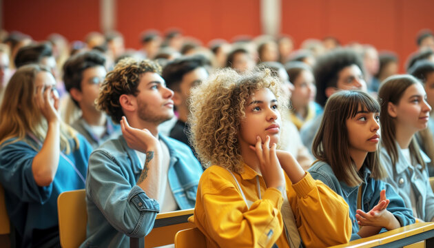 Diverse group of smart students sitting in class at a lesson, listening attentively to a teacher's lecture, raise their hands, knowing the correct answer. The concept of higher education