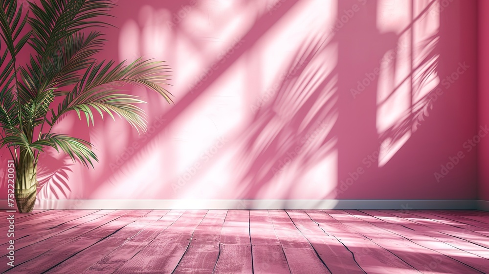 Poster blurred shadow from palm leaves on the light pink wall. minimal abstract background for product pres