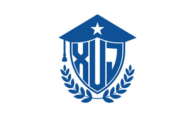 XUJ three letter iconic academic logo design vector template. monogram, abstract, school, college, university, graduation cap symbol logo, shield, model, institute, educational, coaching canter, tech