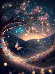 landscape with stars and moon.Fantasy forest at night, magic glowing flowers in fairytale wood.