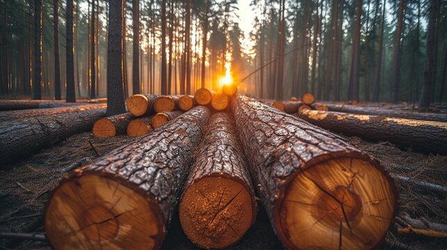 forest pine and spruce trees log trunks pile the logging timber wood industry wide banner or panorama wooden trunks