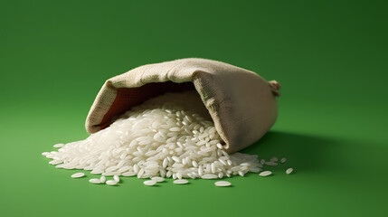 uncooked rice on little gunny sack, green background
