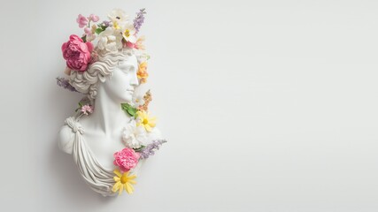 Konzept für den internationalen Weltfrauentag, Elegante Weiße Marmor Statue, Büste oder Skulptur einer Frau dekoriert mit Blumen isoliert vor weißem Hintergrund