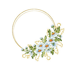 Watercolor illustration of a golden round frame made of white daisies, green leaves and brown outlines. Isolated meadow flowers composition for weddings, posters, cards, banners flyers covers stickers