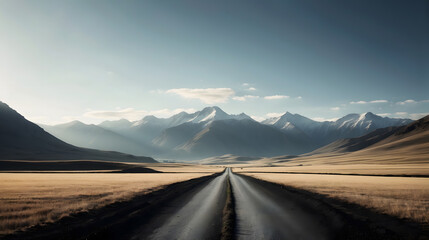 Fototapeta na wymiar a long straight road through a desert with mountains