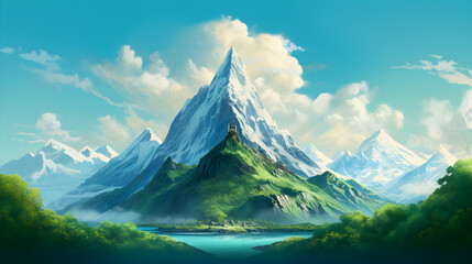 The image portrays a mountain range with cloudy ski,,
Mountains anime visual novel game.  Pro Photo

 - obrazy, fototapety, plakaty