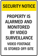 Alarm warning sign property is alarmed and monitored by video surveillance. Video footage is stored off site