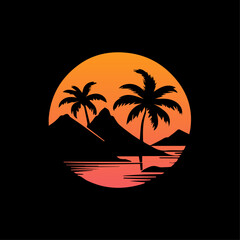 Classic retro style tropical sunset with palm tree