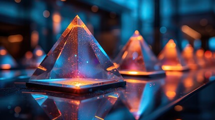 Reflective pyramid trophies arranged neatly on a glass shelf with a blue ambiance