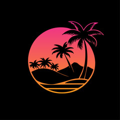 Classic retro style tropical sunset with palm tree