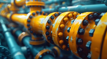 Obraz premium Industrial yellow gas and oil pipelines and valves on a blue sky background.Vibrant Blue Sky Frames Network Of Industrial Yellow Pipelines And Valves