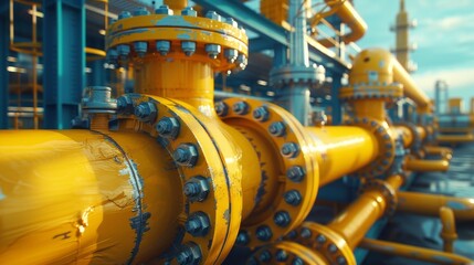 Industrial yellow gas and oil pipelines and valves on a blue sky background.Vibrant Blue Sky Frames Network Of Industrial Yellow Pipelines And Valves