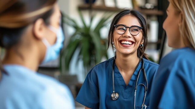 Hospital staff having fun chatting with each other during a break. A moment of camaraderie as hospital staff recharge with some lighthearted banter. Team spirit at its best!