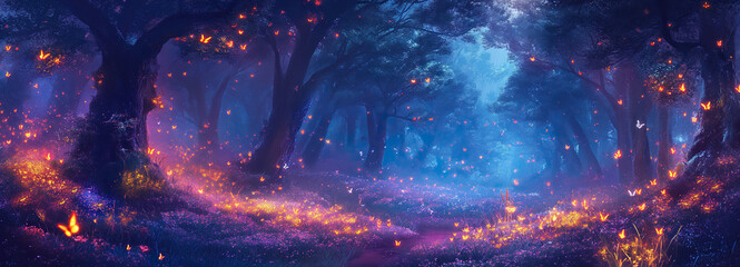 Fairytale Forest And Bright Magical Fireflies. Fairytale Forest And Bright Magical Fireflies.
Illustration On The Theme Of Fairy Tales And Fantasy, Plants And Territories.  Generative AI	

 - obrazy, fototapety, plakaty
