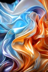 Textura detallada de tela brillante seda o satin iridiscente que forma pliegues en color naranja y azul. Atractivo fondo 