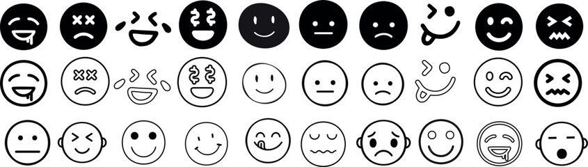 Black emoticon vector set.  Diverse emoji faces showing various emotions. Perfect for digital communication, social media, web design. Happy, sad, angry, surprised icons collection.