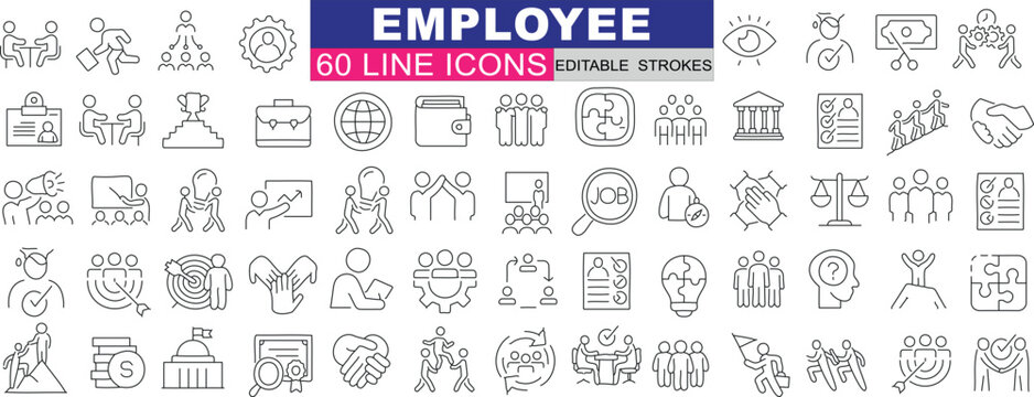 Employee line Icon set, Business, Office, Professional Symbols. Clean Design for Organizational Graphics, Presentations. Diverse Collection Representing Corporate Culture, Communication, Teamwork