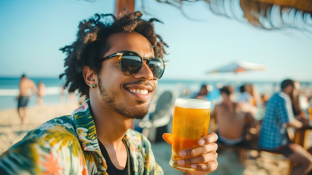 A young man drinking beer happily with people at an open-air cafe on the summer beach. generative AI - Powered by Adobe