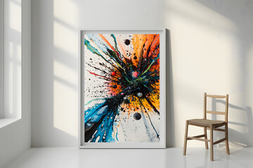The room decorated in a minimalist style with picture frames and paintings is breathtaking.