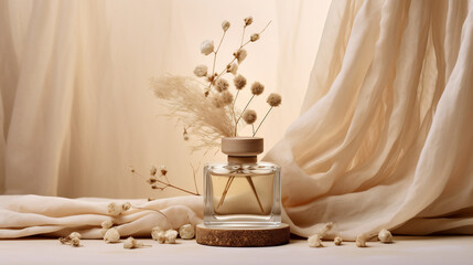 Elegant Perfume Bottle on Wooden Table with Dried Pampas Grass and Beige Satin Background. Luxury Fragrance Concept